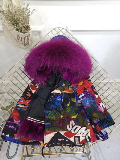 Children Winter Jacket Graffiti Boys Girls Real Fur Coat Thick Warm Rabbit Fur Kids Jacket Coat Furry Natural Fur Collar TZ428 - Цвет: Purple Purpe Fur