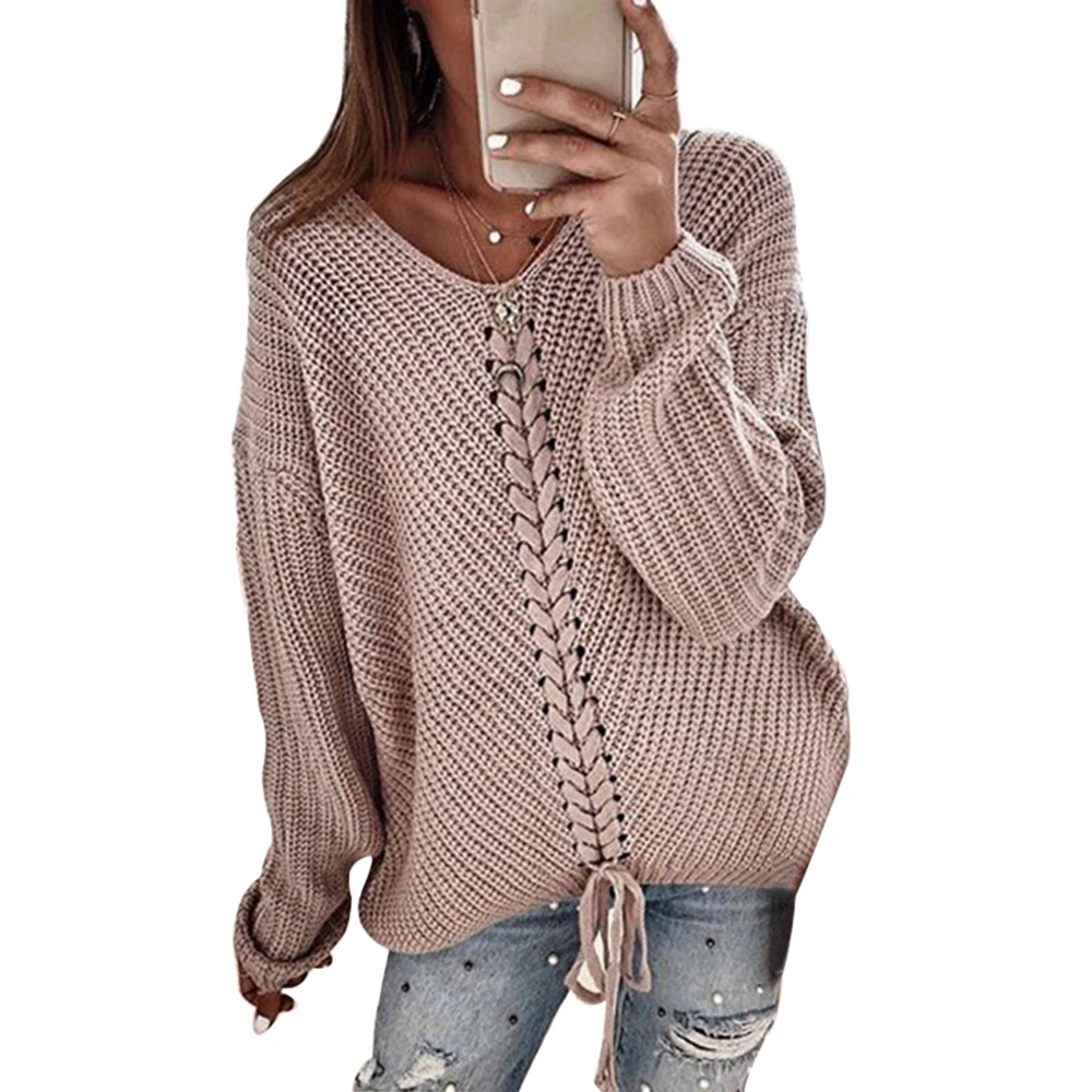 Осень Зима вязаные свитеры женские свободный свитер женский пуловер Джемпер v-образный вырез с длинными рукавами свитера Femme Топы - Цвет: pink