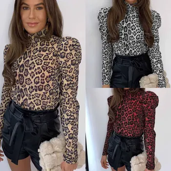 

Fashion Casual Turtleneck Leopard Long Sleeve Women Blouse Fall Clothing Sexy Tops and Shirt Long Sleeve Shirt Women