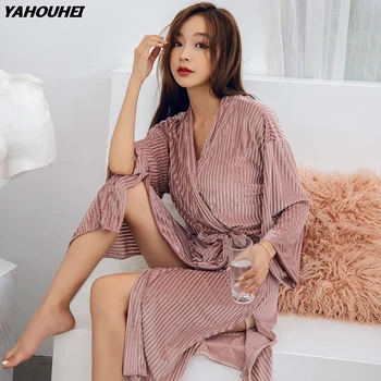 

2019 New Autumn Winter Thick Warm Flannel Soft Kimono Robes For Women Long Sleeve Coral Velvet Bathrobe Lounge Homewear Clothing