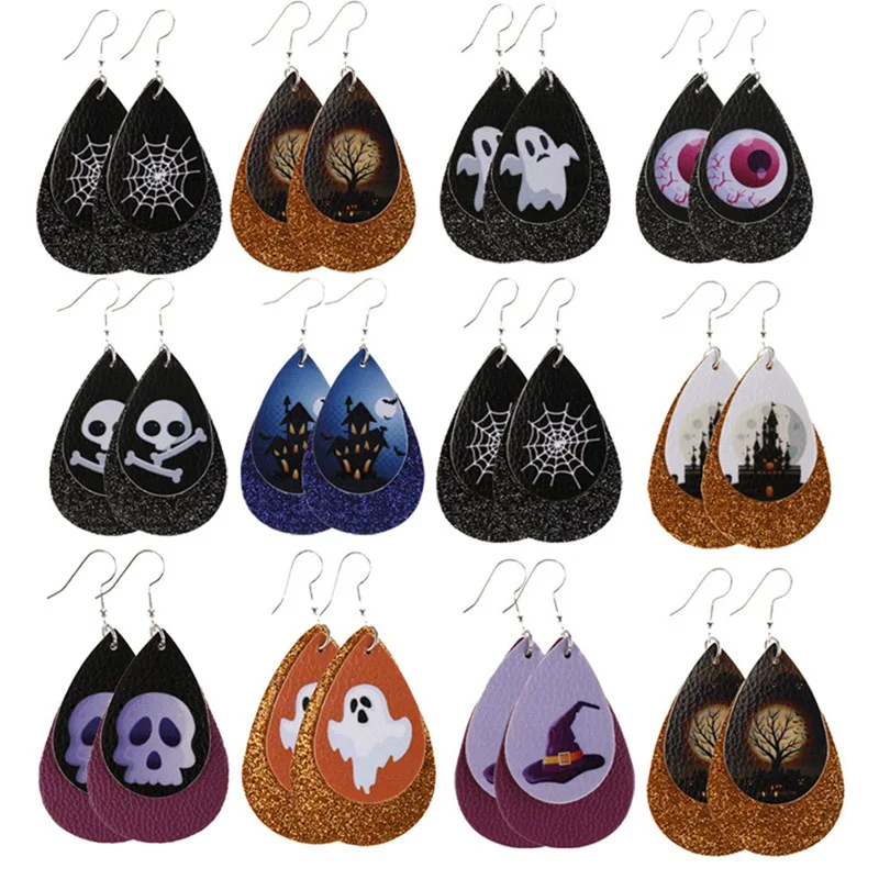 

New Halloween Double-Sided Women Leather Earrings Skull Sequins Drop-Shaped PU Leather Earrings Ear Jewelry