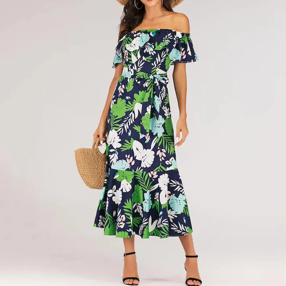 

tropical long boho women dress 2020 summer slash neck ruffles maxi dresses robe vestiods high waist femme beach dresses tunic