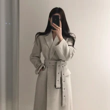 Высокое качество, женские пальто, зимнее шерстяное длинное пальто с поясом, офисное женское модное пальто на шнуровке, верхняя одежда