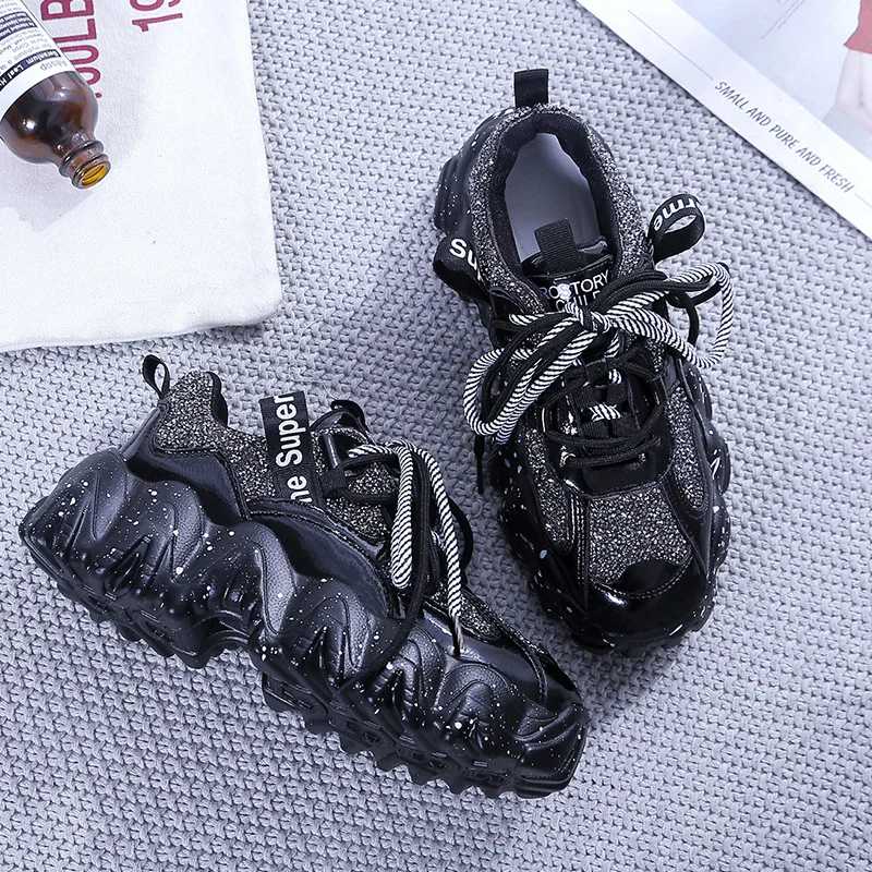 

Dad Shoes Women's INS Fashion Super Fire Athletic Shoes 2019 Winter Man-made Diamond Patent Leather Platform Thick Bottomed Onli