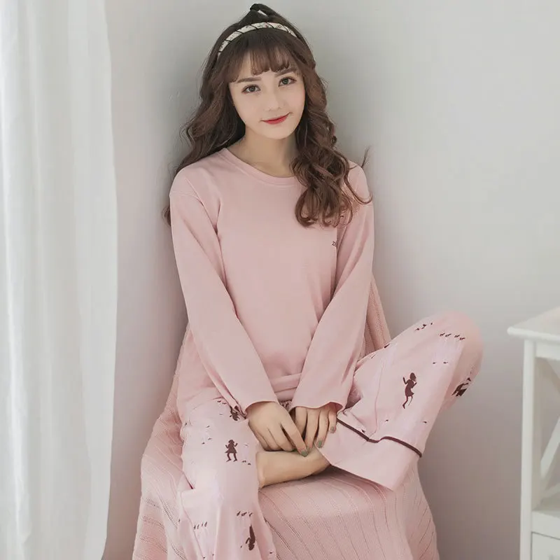 

Spring And Autumn Pajamas Women's Pure Cotton Long Sleeve Cute Korean-style Crew Neck Tracksuit Cartoon GIRL'S