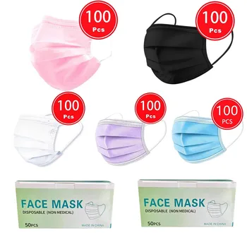 

Adult 100PC Mascarilla Purple Pink Disposable Non-woven Face Mask Breathable Proof Protect Face Mouth Cover mondkapjes masque