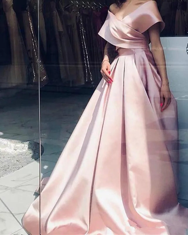 

Gorgeous A Line Simple Pink Prom Party Gowns Long Off the Shoulder V Neck Girl Formal Evening Dresses 2020 Sweep Train Customize