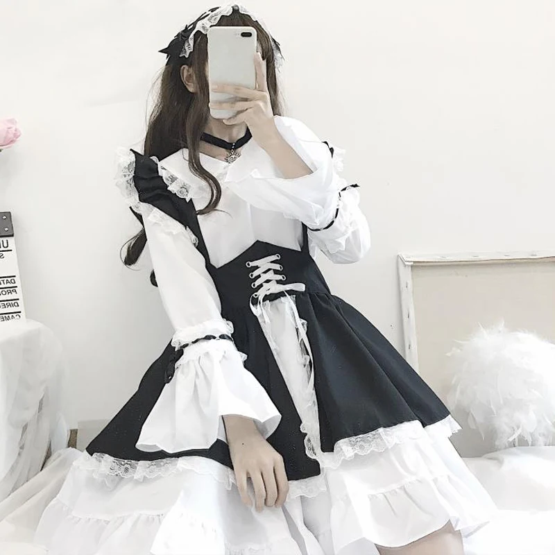 Vintage Black White Gothic Lolita Maid Dress Women Japanese Kawaii Flare Sleeve 2 Piece Sets Girls Halloween Cosplay Costumes