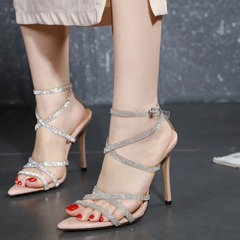 

Baibeiqi Sexy Sandals Roman Cross Transparent Luxury Rhinestone Heels Pointed Toe Stiletto Sandals Women Fashion Summer