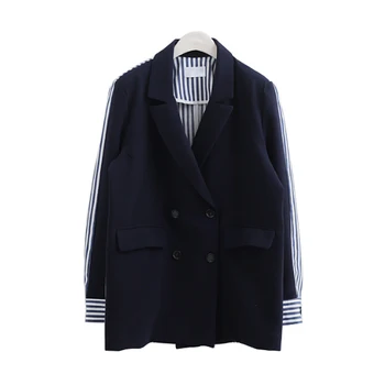 

LANMREM 2020 Spring Summer New Coat Three Quarter Sleeve Stripe Spliced Double Breasted Notched Ladies Fashion Jacket BC063