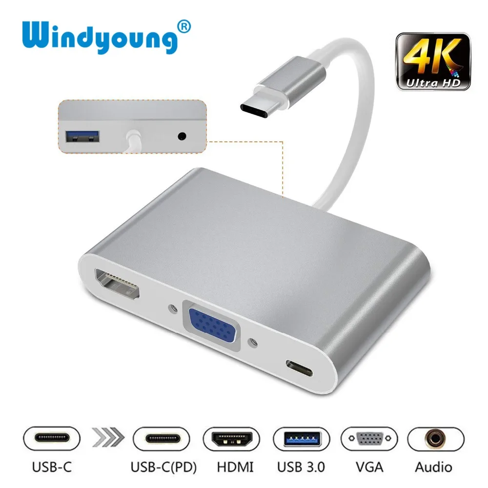 USB-C адаптер 5 в 1 Thunderbolt 3 концентратор USB type C к HDMI VGA 3,5 мм разъем USB адаптер с Тип-C Мощность доставки для MacBook Pro