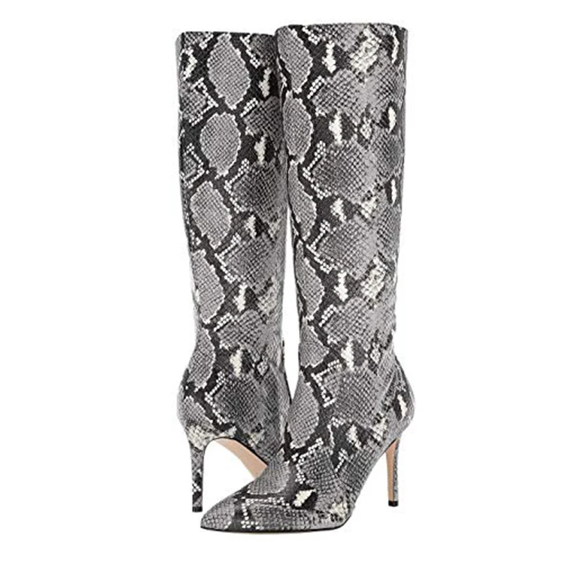 Women Pointed Toe Knee High Boots Stiletto High Heel Long Boot Snake PU Leather Red Black Grey suede Lady Large Size Winter