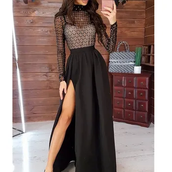 

Vintage Womens Dress Fashion Mesh Sheer Rhinestone Transparent Bandage Long Sleeve Split Party Cocktail Club Long Dress Hot Sale