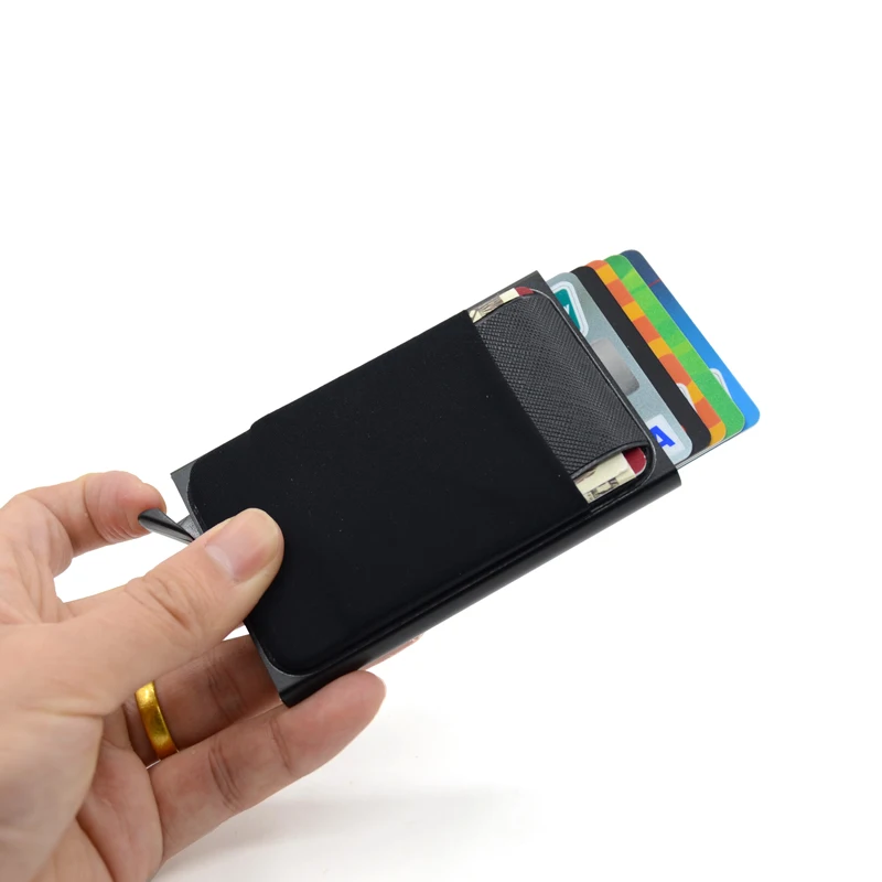 Slim Aluminum RFID Metal Card Holder with Elastic Back Pouch for Travel and ID Essentials