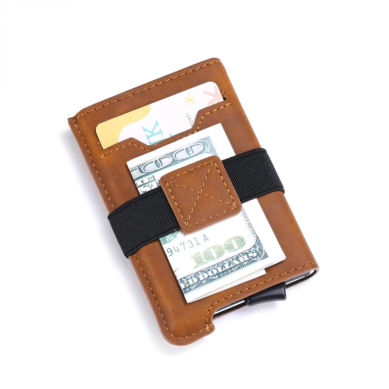 С функцией блокировки RFID кредитной держатель для карт Для мужчин минималистский Умный кошелек проходит металлический кожаный мужской тонкий банк алюминиевого карточного держателя карты Чехол - Цвет: Brown