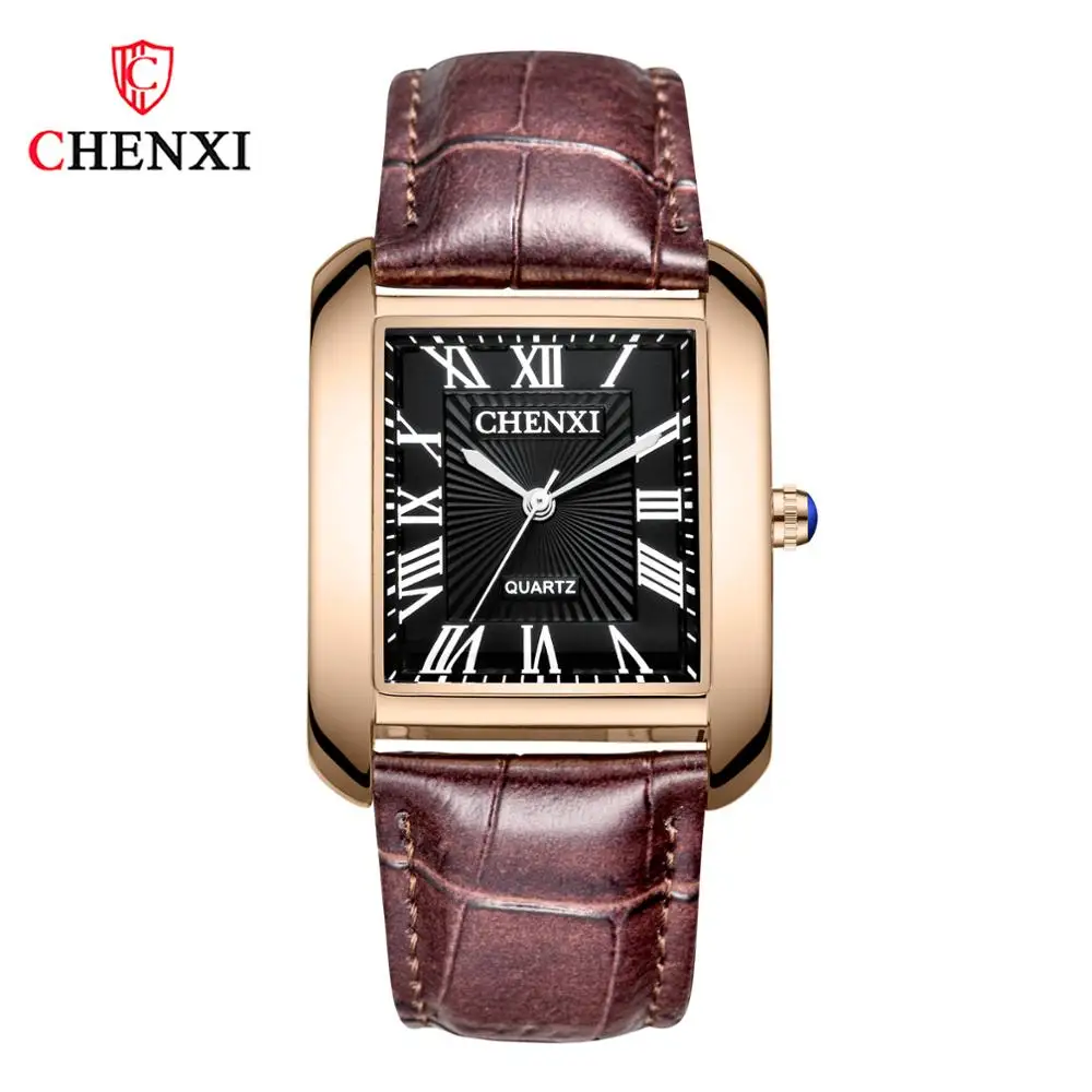 Роскошный бренд Chenxi для мужчин и женщин повседневные кварцевые часы ретро квадратный дизайн римские цифры минимализм кожаный ремешок платье часы - Цвет: Men Black