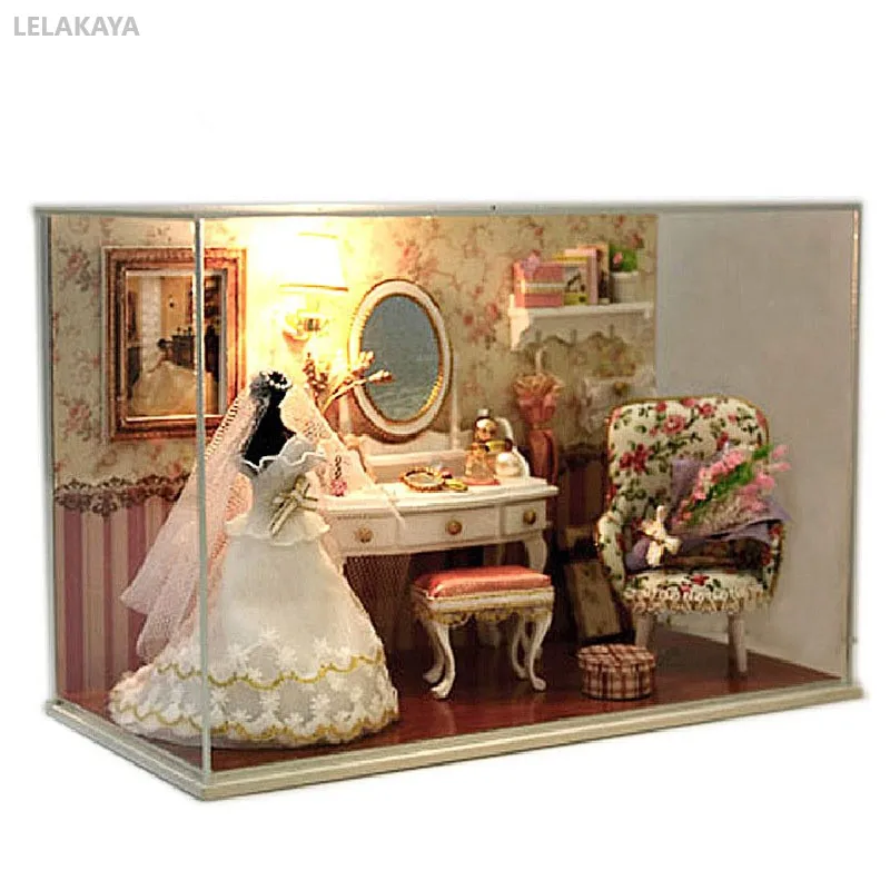 

DIY Assemble Crafts Love You Forever Wooden Dollhouse Romantic Wedding White Dress Miniature Creative Dressing Tables Toys Gift