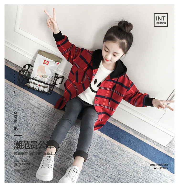 Girl'S Shirt New Style Spring And Autumn Children Plaid Shirt Long Sleeve Hooded Tops Childrenswear