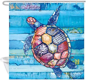 

Marine Life Shower Curtain, Watercolor Turtle Doodle Shower Curtain Bathroom with Hooks, Waterproof Home Decor Curtain
