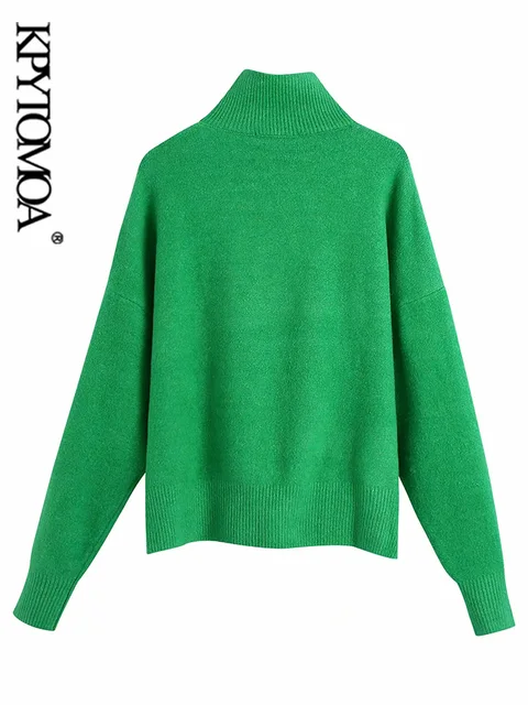 KPYTOMOA Women 2021 Fashion Soft Touch Loose Knitted Sweater Vintage High Neck Long Sleeve Female Pullovers Chic Tops 2