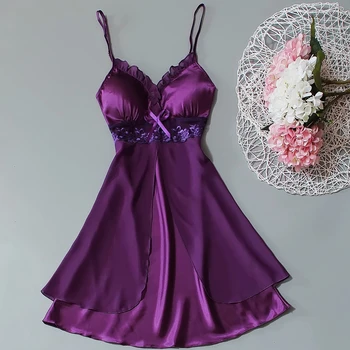 

V Neck Women Satin Nightgown Sexy Lace Sleepwear Sling Ruffle Ladies Ice Silk Nightwear Sleep Wear Night Gown Lingerie Dress