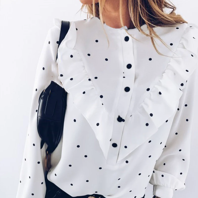 2020 Ruffle Polka Dot Print Women's Blouse O-neck Buttons Long Sleeve Blouses Female Spring Summer Casual Shirt Lady Clothing