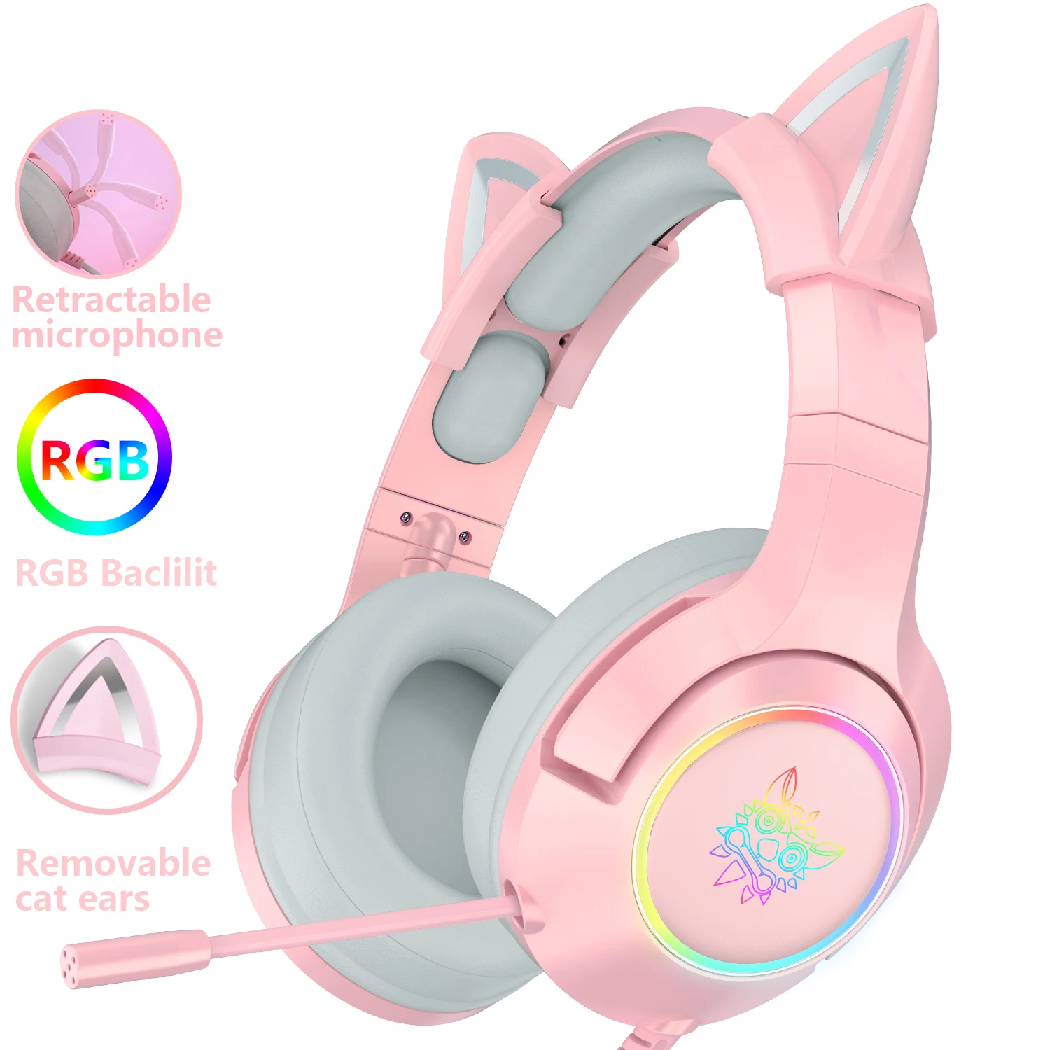 Rgb Gaming 7.1 Fones de Ouvido Estéreo Rosa Fone de Ouvido Removível Gato com Fio Usb com Microfone Redução Ruído para Ps4 Xbox Uma Menina Bonito - Image 6