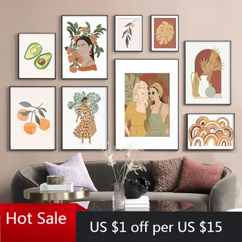 

Avocado Orange Fashion Woman Monstera Wall Art Canvas Painting Nordic Prints Wall Decor Pictures For Poster Aesthetic Room Decor