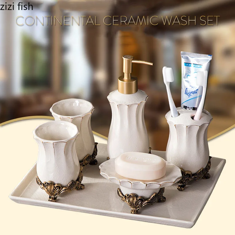 Classical Ceramic Bathroom Set Portable Soap Dispenser Toothbrush Holder Mouthwash Cup Resin Base High Quality Bath Supplies