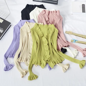 

Spring Autumn Women's Short Cardigan Sexy ruffles Long-sleeved Knitted Cardigan Short Section Exposed Navel Cardigan GD556