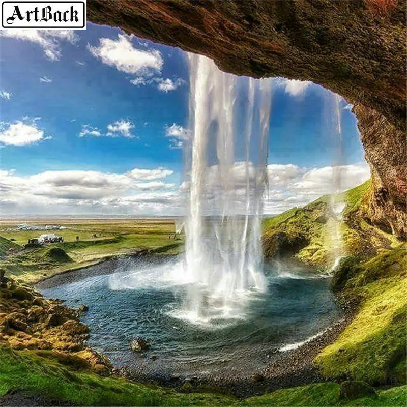 5d diy diamond painting landscape waterfall 3d round plastering embroidered square mosaic decoration | Дом и сад