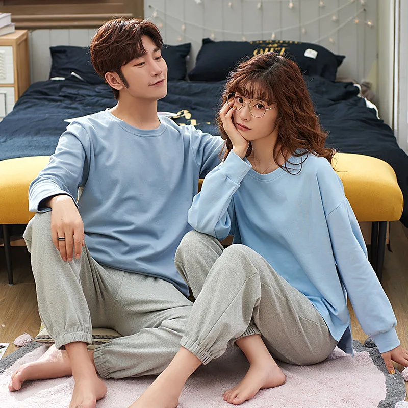 

22183 # Solid Color Days Blue And Grey Pants LZ Pullover Couples Long Sleeve Sweet Pajamas Homewear Set Series