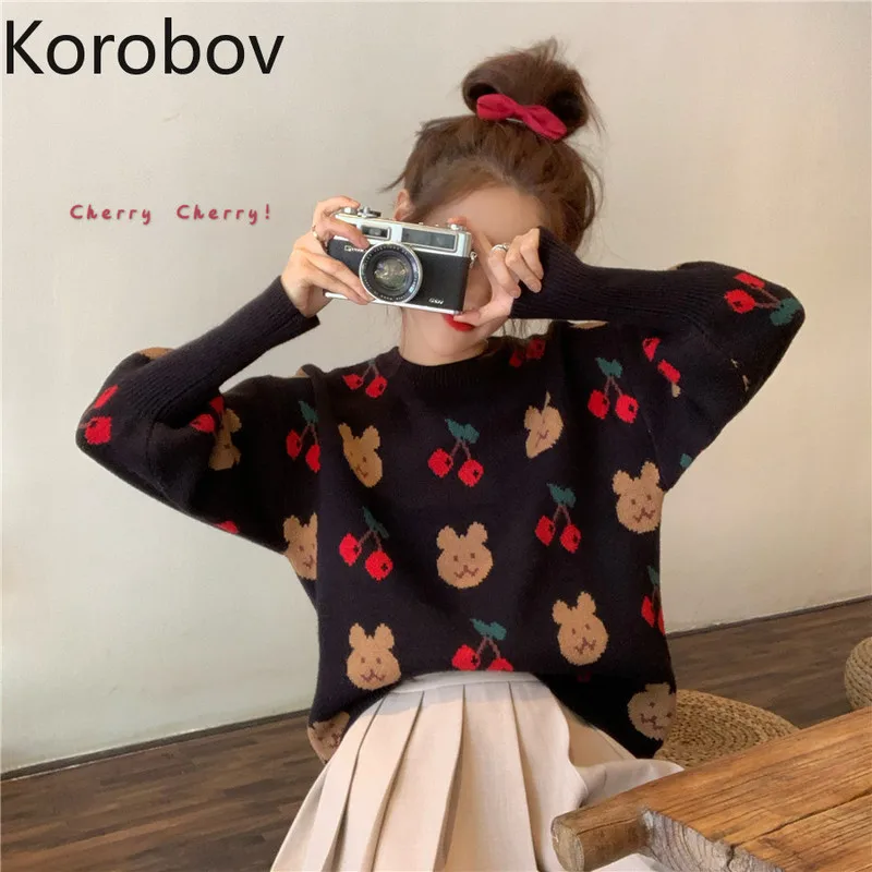 Korobov Korean Kawaii Cartoon Knit Jacquard Women Pullovers 2019 New Long Sleeve O-Neck Autumn Winter Sweaters 79335 | Женская одежда