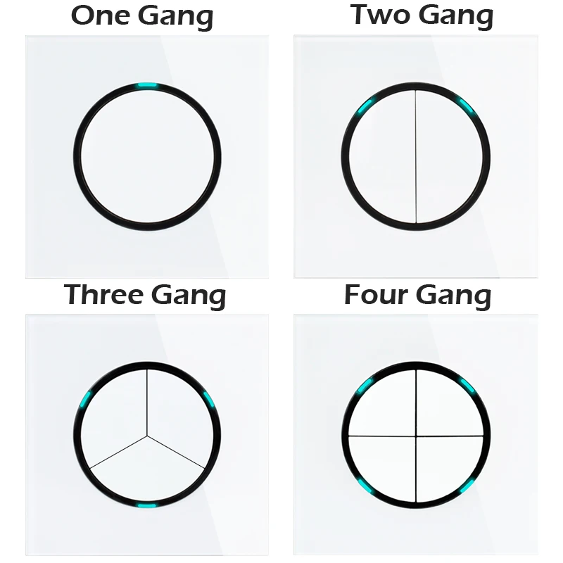 Description Picture 2 of itemUNKAS Grey 1 2 3 4 Gang 1 / 2 Way Random Click On / Off Pass Through Wall Light Switch LED Indicator Gray Crystal Glass Panel