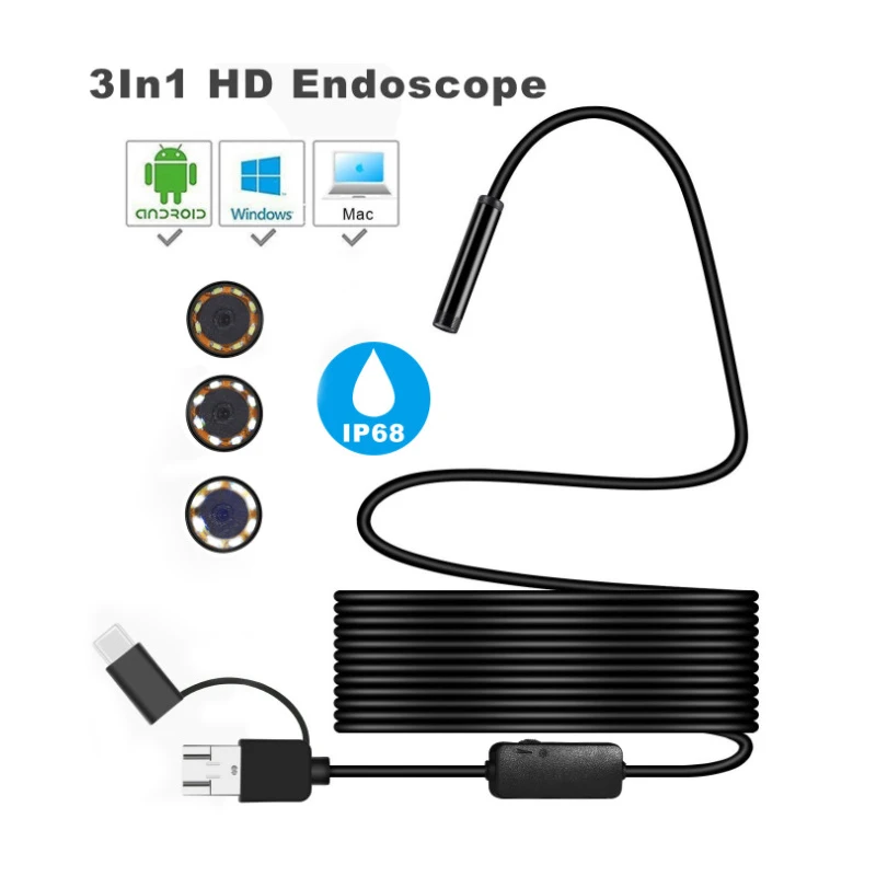 3 в 1 type-C USB 8,0 мм эндоскоп камера 1080P hd-эндоскоп мягкий/жесткий кабель Водонепроницаемая труба осмотр бороскоп для андроида ПК