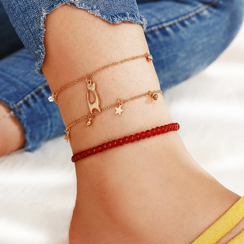 

JUMBOOM Ankle Chain Star Cat Pendant Anklet Red Beaded Summer Beach Foot Jewelry Fashion Style Anklets for Women Jewelry Gift