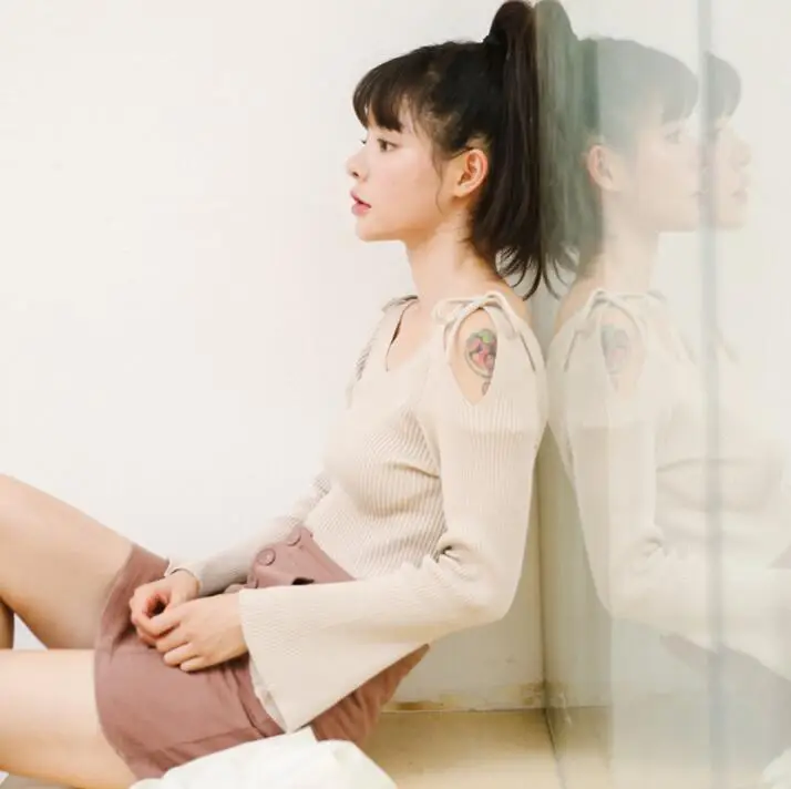 Женские свитера Kawaii Ulzzang Осень с открытыми плечами свитер с ремешками женский корейский Толстый Harajuku одежда для женщин - Цвет: apricot
