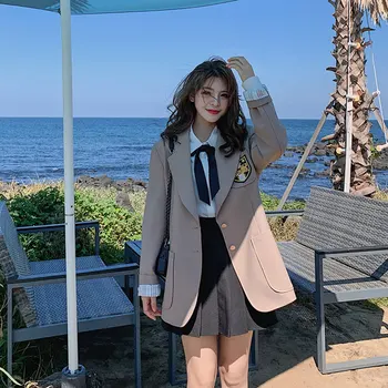 

Japanese Retro Blazer Uniform Jackets Women Vogue Patchwork Notched Collar Single Breasted Loose Casual Khaki Coats Preppy Style