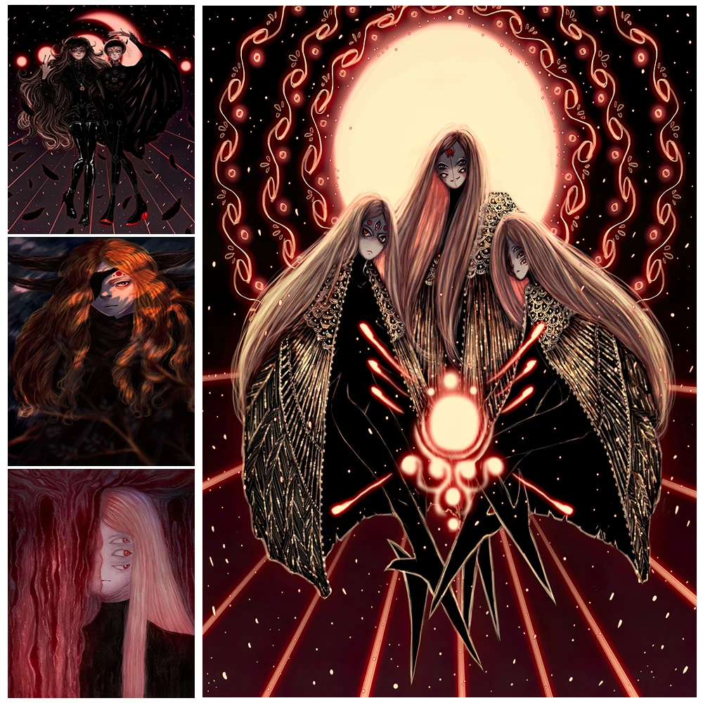 4つの目の壁の芸術のキャンバス絵画小さな悪魔の女の子のwiccaポスターと印刷された装飾フレームを持つ3つのイチの知識 Painting Calligraphy Aliexpress