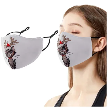

Unisex Christmas White Face Mask Lovely Cats Printing Mouth Mask Dustproof Earloops Washable Reusable Breathable Masks Mascara