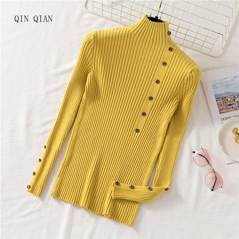 

2020 Women Winter Clothes Half Turtleneck Sweater and Pullovers Button Casual Slim Knitwear Cheap pull femme Hiver