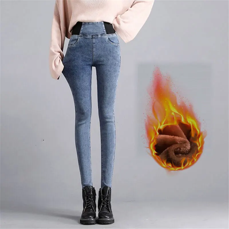 Plus Velvet Winter Stretch Jeans Women Oversize 38 High Waist Denim Leggings  Casual Cowboy Skinny Pants Fall Thick Warm Vaqueros