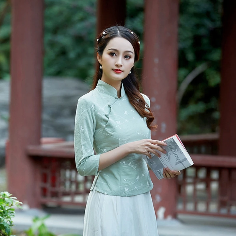 Учебный стиль для женщин с длинными рукавами Qipao жаккард переплетение свежий стиль Улучшенный чёнсам костюм Тан рубашка женская повседневная одежда рубашка