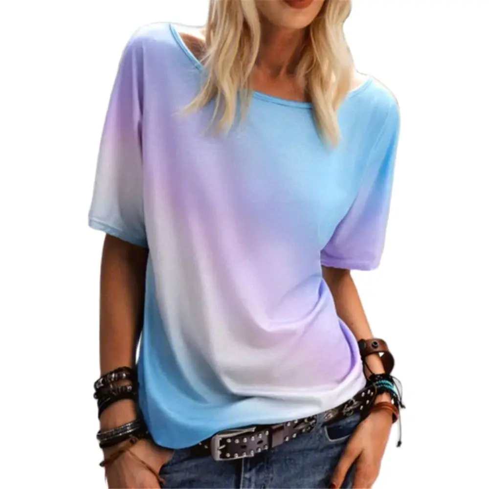 

New Summer Women's Fashion Casual O-Neck Short Sleeve T-Shirt Gradient Color Printing Shirts Lady Casual Loose Top