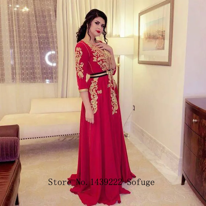Красный шифон марокканский кафтан вечернее платье Половина рукава Кружева Аппликации арабский Алин мусульманский пояс особых случаев формальная вечеринка
