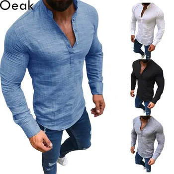 

Oeak Fashion Men Chinese Style Linen Shirt Male Mandarin Neck Casual Soft Long Sleeve Slim Fit Shirt Solid Vintage Tops