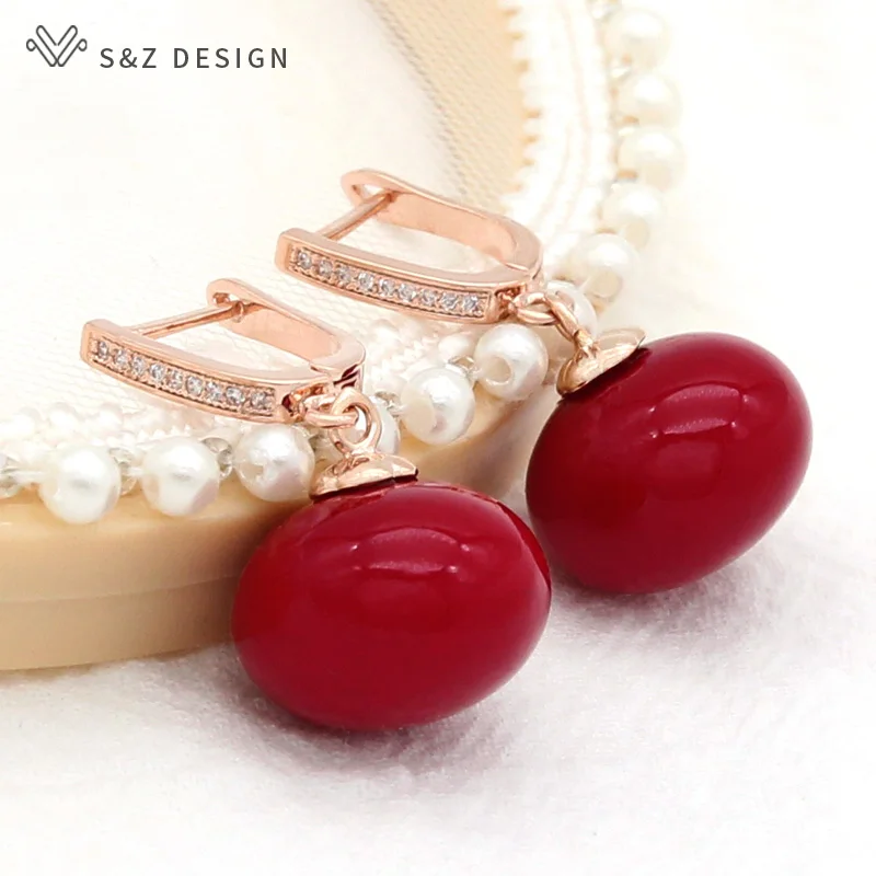 S&Z DESIGN New Trend Big Simulation Pearl Dangle Earrings For Women Wedding 585 Rose Gold Color Cubic Zirconia Jewelry Gift