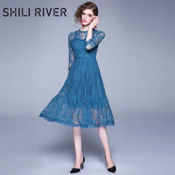 

New spring summer lace midi dress for women a line half sleeve slim casual elegant floral cute pleated swing long dresses blue