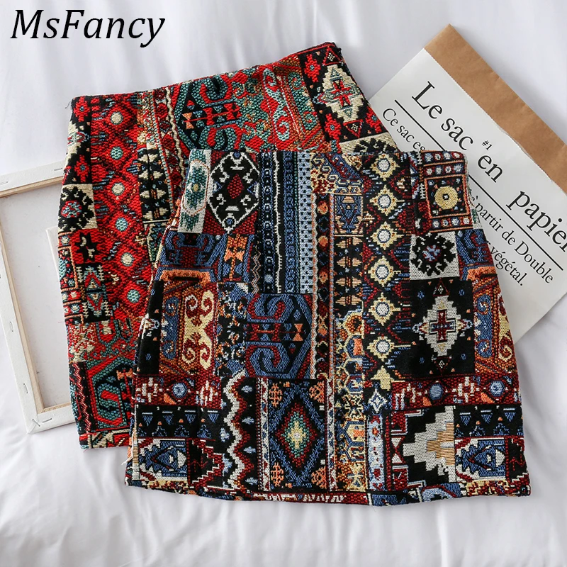 2020 Skirts Woman Boho Embroidery High Waist Mini Skirt Vintage Literary Girls Chic Pattern A-line Wrap Skirts