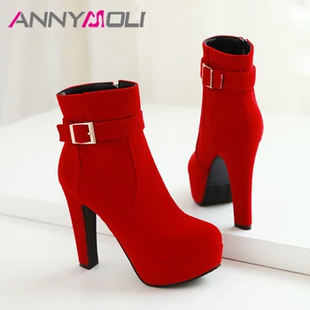 ANNYMOLI Extreme High Heel Ankle Boots Women Boots Platform Spike Heel Shoes Zip Buckle Short Boots Ladies Autumn Winter Red 43